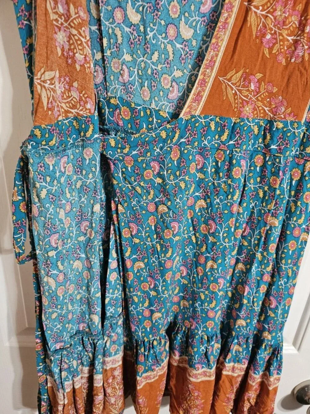 ZESICA Womens Medium Wrap Dress Blue Rust Floral Rayon Iconic Boho Festival Mini - Picture 5 of 8